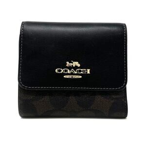 Coach Small Trifold Wallet In Blocked Signature Canvas Brown Black Leather CE930